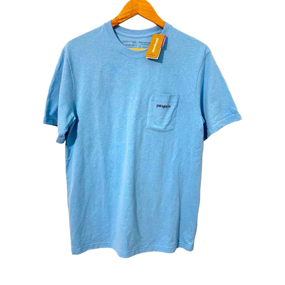 Patagonia Line Ridge Logo light blue pocket Responsibili-tee NWT sz Medi… - Picture 1 of 5